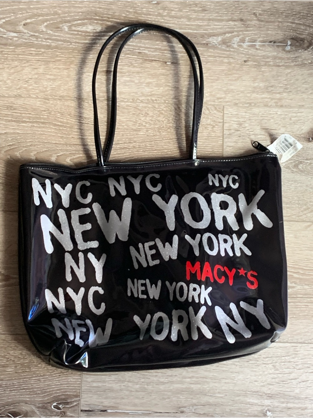 Macy's Black Patent 'New York' Graphic Tote with Red Logo